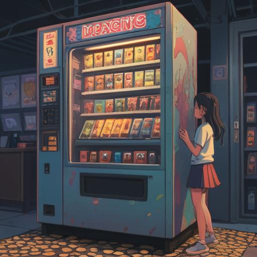 A symbolic illustration of a vending machine with coins stuck inside, a frustrated person shaking it, glowing aura around the machine, ethereal symbols floating in the air, subtle hints of spiritual signs in the background, serene color palette, atmospheric lighting, detailed expressions, 4k