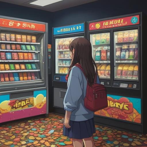A frustrated person at a vending machine, empty pocket, looking disappointed, coins scattered on the ground, bright vending machine with colorful snacks and drinks, humorous expression, surreal twist of fortune, unexpected lucky charm appearing, vibrant urban setting, 4k