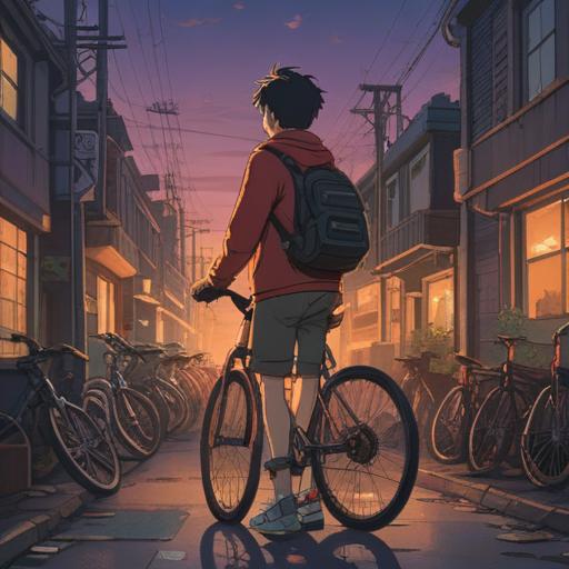 A poignant illustration depicting a person standing in disbelief over a stolen bicycle, urban background, twilight setting, symbolic representation of loss and resilience, spiritual journey intertwined with the experience, ethereal light illuminating the scene, reflective atmosphere, emotional expression, 4k