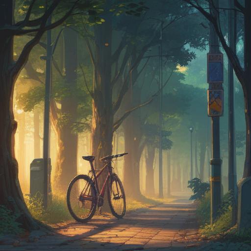 A serene scene depicting a person standing beside an empty bike rack, looking contemplative, soft morning light filtering through trees, a sense of loss transforming into hope, gentle breeze rustling leaves, symbolic imagery of spiritual growth and new beginnings, vivid colors, 4k