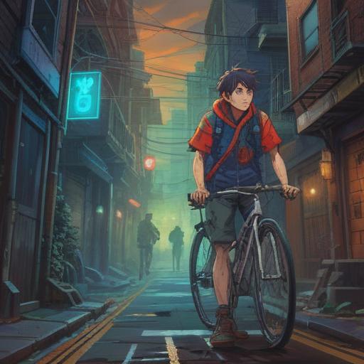 A mystical urban scene, a cyclist looking worried, a faint outline of a shadowy figure in the background, warning symbols floating in the air, bright streetlights casting elongated shadows, deepening colors of dusk, a sense of unease, intuitive signals represented by glowing signs around, 4k