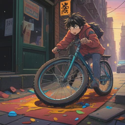 A person looking distressed after their bike was stolen, discovering a lucky charm on the ground, vibrant colors, urban environment, shocked expression, emphasis on the charm's glimmering details, nearby bike rack, cloudy sky, narrative moment capturing a twist of fate, 4k