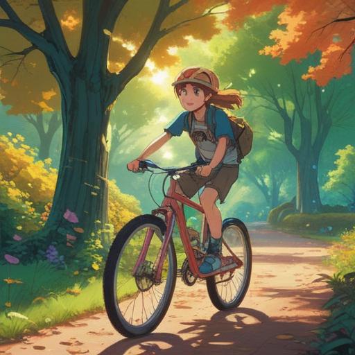 A dynamic and inspiring scene of a person joyfully riding a new bicycle, surrounded by a vibrant park, sunlight filtering through the trees, fresh green grass, friends cheering in the background, sense of freedom and adventure, colorful bike accessories, detailed urban landscape, 4k