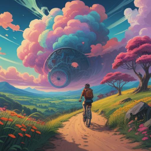 A surreal illustration of a bicycle riding through a dreamlike landscape, symbolizing freedom and spiritual exploration, vibrant colors, ethereal clouds, glowing light trails, whimsical elements like floating dandelion seeds, serene and tranquil atmosphere, reflective surfaces, imaginative scenery, 4k