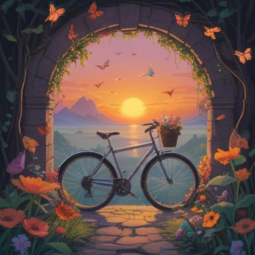 A serene and mystical scene depicting a bicycle against a vibrant sunset, symbolic elements like butterflies and flowers surrounding it, ethereal light illuminating the bicycle, representing spiritual guidance and dreams, tranquil atmosphere, dreamlike quality, symbolism of freedom and journey, 4k