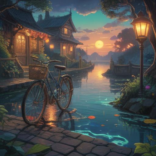 A serene dreamscape featuring a bicycle surrounded by mystical symbols, soft glowing lights, ethereal clouds, reflective water, a pathway lined with trees, elements of spirituality, gentle colors, inviting atmosphere, symbolic imagery, capturing the essence of dreaming, 4k