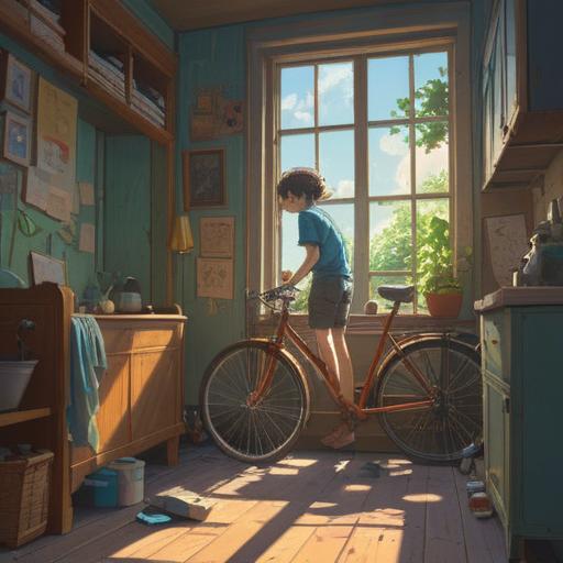 A vibrant scene of a person waking up with a smile, a bicycle leaning against the wall, sunlight streaming through the window, whimsical dream-like elements floating around, symbols of luck such as four-leaf clovers and shooting stars, a cozy bedroom setting, cheerful colors, inviting atmosphere, dream-inspired details, 4k