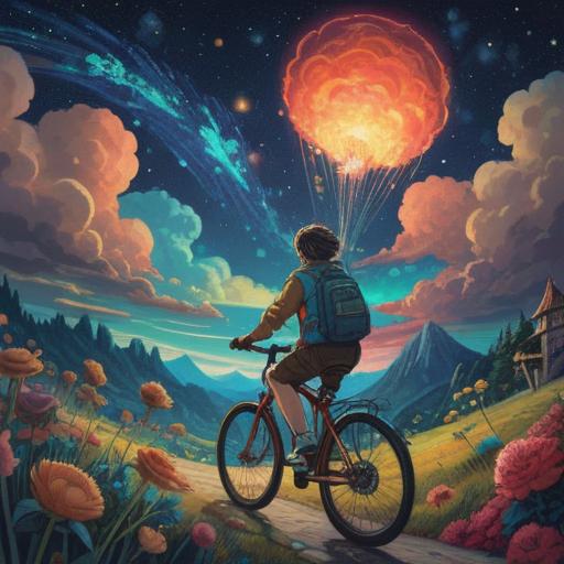 A whimsical illustration of a bicycle soaring through a starry sky, vibrant colors, dreamlike scenery, clouds shaped like whimsical creatures, a sense of adventure and exploration, surreal landscapes, glowing stars, open horizons, intriguing paths leading to unknown destinations, 4k