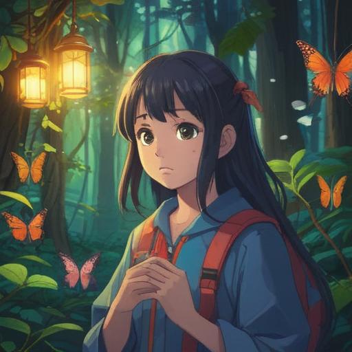 A mystical scene depicting a person looking for keys in a serene environment, gentle light shining through trees, symbolic butterflies fluttering around, ethereal sparkles in the air, a calm and reflective expression on the person's face, surrounded by nature, subtle elements representing good omens, 4k