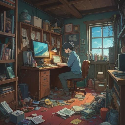 A conceptual illustration about losing keys as an opportunity for reflection, a person sitting at a cluttered desk, surrounded by scattered items, deep in thought, warm light illuminating their face, a serene and introspective atmosphere, symbolic elements like open journals and calming objects, 4k