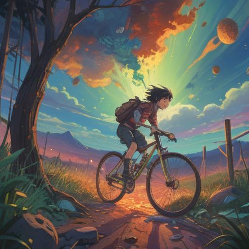 A serene scene depicting a bicycle crash under a vibrant sky, surrounded by a calming aura, symbolic representations of spiritual guidance like glowing orbs, gentle breeze rustling the leaves, a sense of awakening and transformation, nature embracing the event, 4k