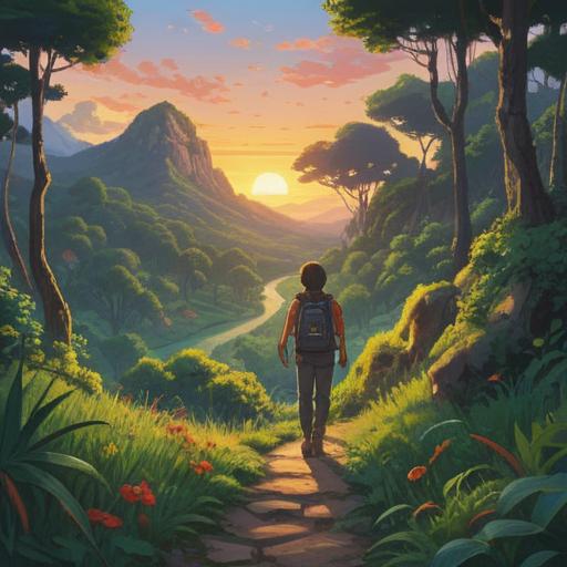 A hopeful sunrise over a winding path, lush green trees lining the way, a lone traveler with a backpack taking the first step, fresh flowers blooming along the trail, a sense of anticipation in the air, clear blue sky, vibrant colors, serene atmosphere, 4k