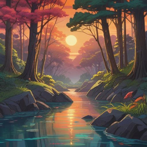 A serene landscape depicting the interconnectedness of nature's laws, vibrant trees and flowing rivers, glowing orbs representing energy and harmony, gentle sunlight filtering through the leaves, representing balance and unity, ethereal elements symbolizing spiritual enlightenment, tranquil atmosphere, 4k