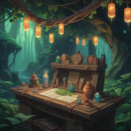 A mystical scene featuring a collection of lucky items symbolizing natural laws, glowing crystals, ancient runes, vibrant green foliage, a serene river reflecting the sky, gentle light filtering through the trees, a harmonious blend of elements, emphasis on balance and tranquility, 4k