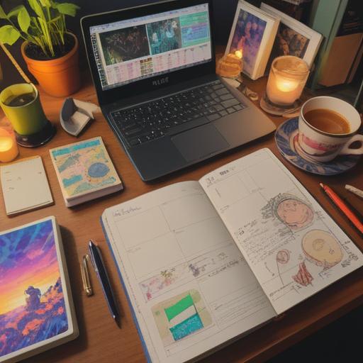 A serene and organized workspace, neatly arranged documents, a colorful planner open on the desk, various stationery scattered, a warm cup of coffee next to it, morning sunlight streaming through the window, a sense of calm and productivity, inviting atmosphere, clean lines and soft shadows, 4k