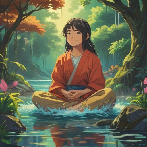 A serene landscape with vibrant greenery, a person meditating with a radiant smile, surrounded by flowers and flowing water, soft sunlight filtering through trees, a sense of tranquility and spiritual awakening, inviting atmosphere, harmonious connection with nature, 4k