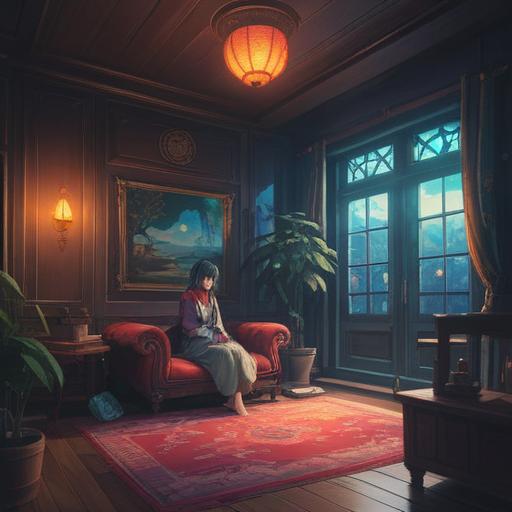 A person sitting alone in a peaceful room, dim lighting creating a calming atmosphere, subtle signs of distress in their facial expression, spiritual symbols subtly integrated into the background, elements like cracked mirrors or wilting plants indicating emotional struggle, an open window showing a glimpse of nature outside, conveying a sense of isolation yet hope, 4k