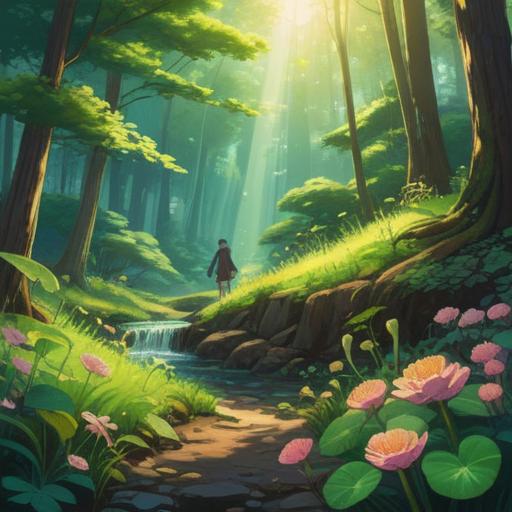 A serene landscape featuring a vibrant four-leaf clover, sunlight filtering through lush trees, a gentle breeze rustling leaves, a joyful person holding the clover with a genuine smile, surrounded by blooming flowers, warm sunlight casting a golden hue, peaceful atmosphere, connection with nature, 4k