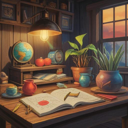 A serene and peaceful scene depicting various items that represent resetting the mind, a calming journal on a wooden table, a steaming cup of herbal tea, soft cushions surrounding, a small indoor plant with vibrant green leaves, gentle sunlight filtering through a window, creating a tranquil atmosphere, soothing color palette, 4k