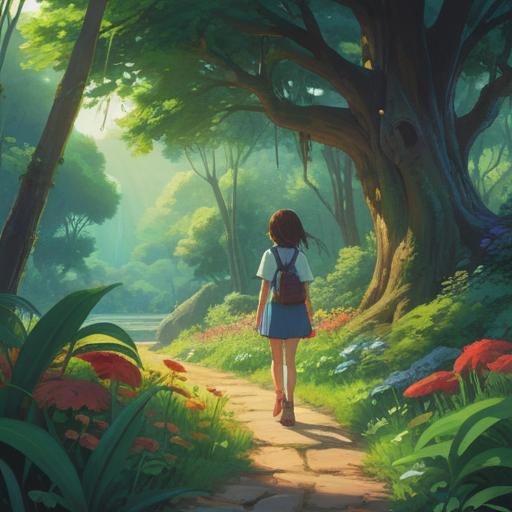 A serene landscape depicting a person connecting with nature, surrounded by lush greenery, vibrant flowers, and gentle sunlight filtering through the trees, a sense of harmony and tranquility, represents the spiritual