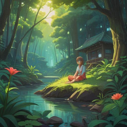 A serene landscape featuring a person immersed in nature, surrounded by lush greenery, gentle sunlight filtering through the trees, the individual meditating peacefully, vibrant flowers blooming, a soft breeze illustrated through the movement of leaves, a sense of tranquility and harmony, ethereal light surrounding the person, symbolizing spiritual connection, 4k