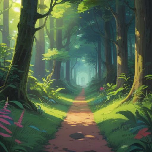 A serene landscape showcasing lush greenery, a tranquil forest path, subtle sunlight filtering through the trees, symbolic animals representing intuition, a clear blue sky, vibrant flowers in bloom, a sense of peace and connection to nature, spiritual signs subtly integrated into the scenery, a calming atmosphere, 4k