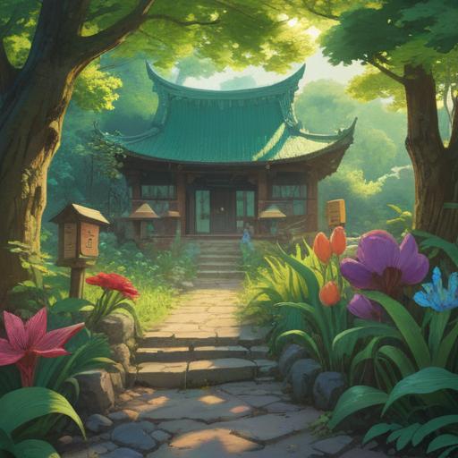 A serene nature scene, featuring a collection of spiritual lucky items, harmoniously placed in a lush green environment, soft sunlight filtering through the leaves, vibrant flowers surrounding the items, soothing water streams nearby, reflective atmosphere, symbols of peace and prosperity, detailed textures, 4k