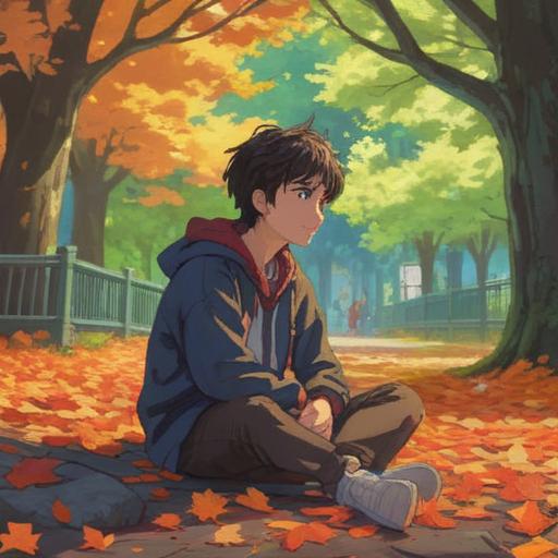 A person sitting in a quiet park, looking contemplative and lost in thought, surrounded by fallen leaves, a faint smile appearing as a bird lands nearby, soft sunlight filtering through trees, serene atmosphere, symbolizing hope and resilience, 4k