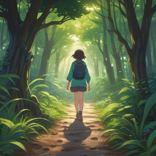 A person standing on a path surrounded by lush greenery, sunlight filtering through the trees, a determined expression on their face, stepping forward confidently, symbolizing growth and renewal, soft-focus background with inspirational elements, warm and uplifting atmosphere, 4k