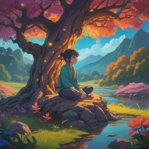 A serene, ethereal landscape, representing inner balance and health awareness, a figure meditating under a glowing tree, vibrant energy flow illustrated as colored light, subtle signs of self-awareness and intuition, gentle wind whispering through leaves, harmony between body and spirit, mystical symbols in the air, calming atmosphere, 4k