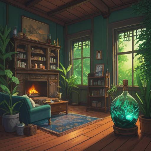 A serene and calming scene depicting a cozy room filled with essential oil bottles, a gentle diffuser releasing aromatic vapors, lush green plants adding vitality, sunlight streaming through the window, a person meditating peacefully, warm colors, soothing atmosphere, promoting healing and wellness, 4k