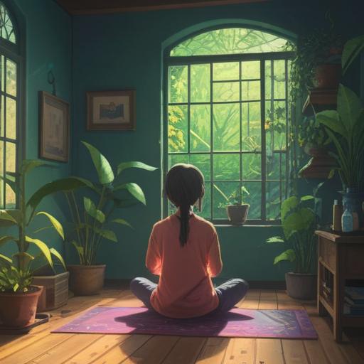 A serene and calming scene of a person meditating in a tranquil room filled with various aromatic plants and essential oils, soft sunlight filtering through the window, gentle steam rising from a diffuser, peaceful atmosphere, warm pastel colors, detailed and cozy interior design, mindfulness and relaxation theme, 4k