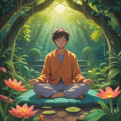 A serene and uplifting illustration depicting the theme of spiritual rebirth after bankruptcy, soft ethereal light illuminating a person meditating in a tranquil garden, symbolizing growth and renewal, blooming flowers representing hope, gentle breeze carrying away dark clouds, vibrant colors reflecting healing energy, harmonious atmosphere, 4k