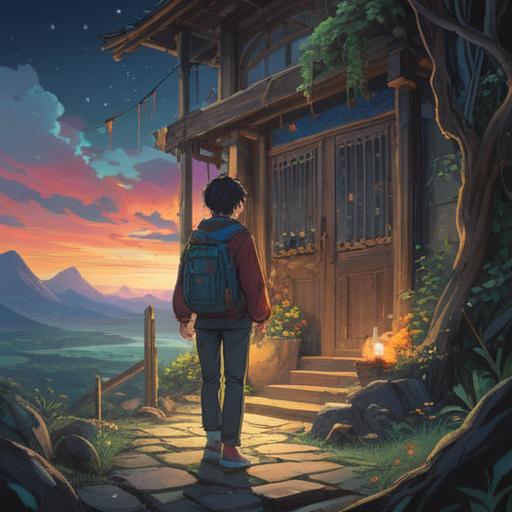 A serene illustration of a person standing at the threshold of a new journey, reflecting determination and hope, surrounded by symbolic elements of rebirth like blooming flowers and rising sun, showing a mixture of emotions, calm and vibrant colors, uplifting atmosphere, 4k