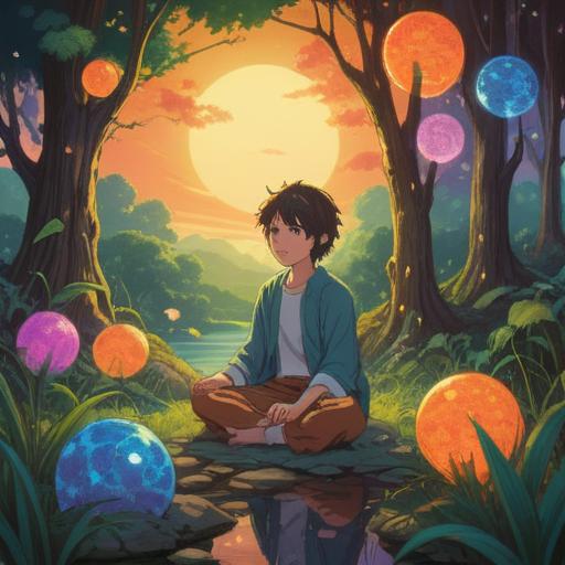 A serene and contemplative illustration representing spiritual self-investment, a peaceful individual meditating in nature surrounded by glowing energy or orbs, symbols of growth and enlightenment gently floating around, lush greenery and a tranquil river in the background, warm sunlight filtering through the trees, harmonious colors, a sense of inner peace and self-discovery, 4k