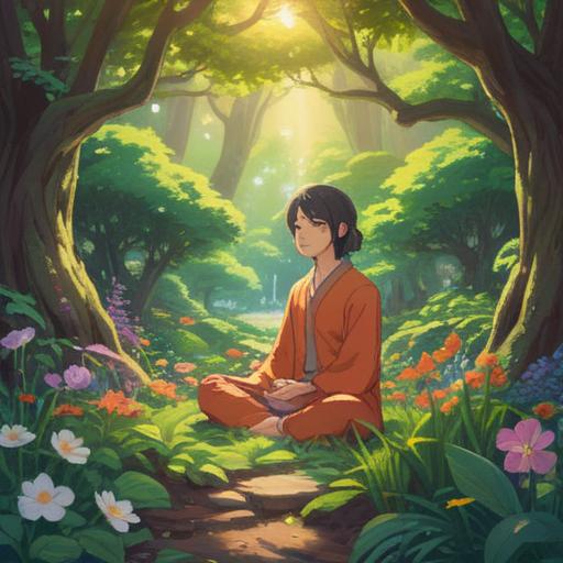 A serene illustration of a person meditating in a tranquil garden, surrounded by blooming flowers and gentle sunlight filtering through the trees, representing inner peace and self-discovery, symbols of spiritual growth like a glowing aura or light emanating from the figure, vibrant colors, calm atmosphere, detailed natural backdrop, 4k