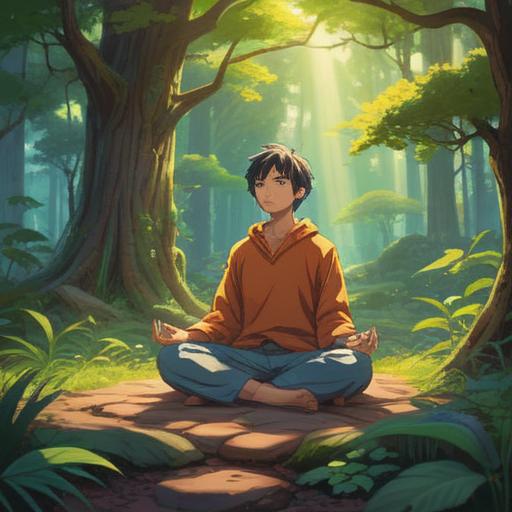 A contemplative scene depicting a person meditating in a serene environment, surrounded by nature, soft sunlight filtering through trees, symbolic spiritual signs appearing around them, such as feathers and butterflies, representing personal growth, tranquil atmosphere, introspective mood, 4k