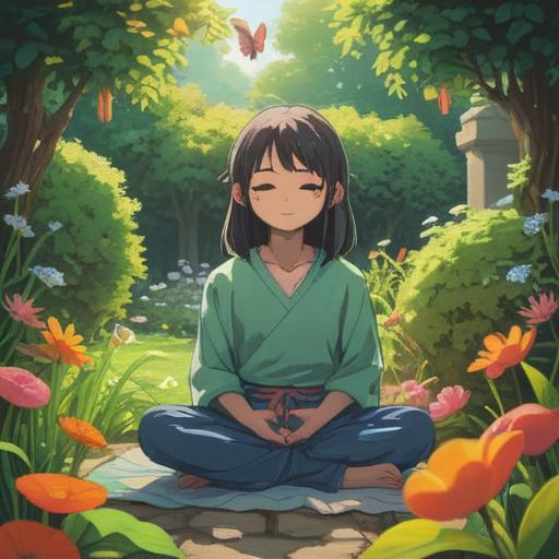 A serene and introspective scene, a person meditating in a peaceful garden, surrounded by blooming flowers and gentle sunlight, a calm pond reflecting the sky, soft breezes rustling the leaves, symbolizes inner peace and self-investment, tranquil atmosphere, harmonious colors, 4k