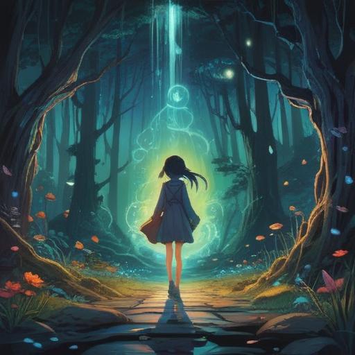 A surreal scene depicting a chance encounter with a self-centered person, ethereal lighting, symbolic elements representing personal growth, vivid colors, contrasting emotions, an aura of spiritual awakening, a figure reflecting in a mirror, surrounded by floating orbs of energy, mystical atmosphere, 4k