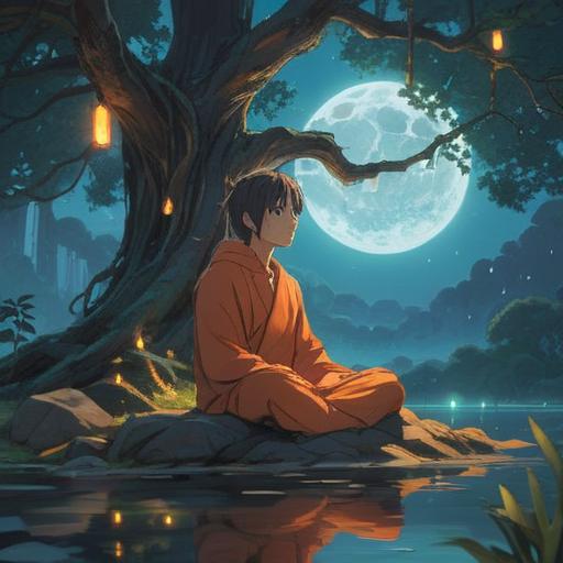 A serene and introspective scene, a person meditating under a glowing tree, ethereal light surrounding them, symbols of self-reflection and inner growth, wisps of energy rising from their hands, a tranquil lake reflecting the peaceful sky, harmonious colors, sense of awakening and enlightenment, spiritual journey, 4k