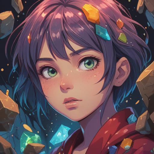 A vivid illustration of a person surrounded by shimmering, colorful stones, reflecting their vibrant personality, expressive facial features showcasing confidence, warm sunlight streaming through a lush forest, uplifting atmosphere, intricate details in the stones, showcasing various colors and textures, emphasizing self-expression and uniqueness, 4k