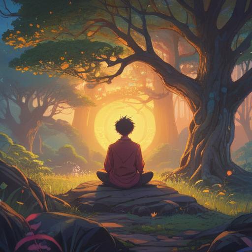 A serene landscape representing self-improvement and spirituality, vibrant colors blending harmoniously, a person meditating under a glowing tree, ethereal light illuminating their surroundings, symbols of personal growth and enlightenment in the air, peaceful atmosphere, inspiring imagery, 4k