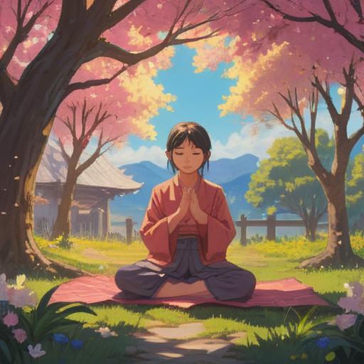 A serene and uplifting scene of a person meditating under a blossoming cherry tree, soft rays of sunlight filtering through the branches, butterflies gently flying around, a sense of peace and enlightenment, glowing energy surrounding the individual, harmonious colors, detailed texture of the tree bark and petals, 4k
