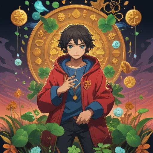 A vibrant illustration of a person surrounded by various lucky items, symbols of growth like a four-leaf clover, golden coins, and a lucky cat, radiant energy swirling around them, depicting self-discovery and empowerment, dynamic lighting, uplifting atmosphere, a sense of triumph, 4k