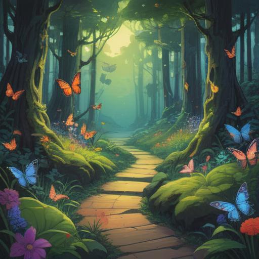 A reflective scene depicting self-deception as a spiritual sign of growth, a serene landscape with a winding path, symbolic butterflies representing transformation, light breaking through cloud cover, subtle hints of inner struggles, tranquil water reflecting the sky, lush greenery symbolizing hope, mystical aura surrounding the area, 4k