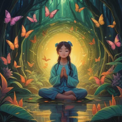 A serene scene depicting a spiritual aura, soft glowing light surrounding a figure meditating, symbols of harmony and tranquility, butterflies fluttering in the background, intricate patterns representing positive energy, lush nature setting with vibrant flowers, calm water reflecting light, 4k