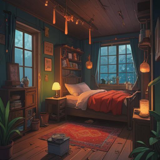 A tranquil scene of a cozy room filled with soft lighting, the sound of crickets gently chirping outside, soothing aromatherapy candles flickering, a person meditating in a peaceful atmosphere, relaxing essential oils on a wooden table, a lush green plant in the corner, calming colors, harmonious balance, 4k