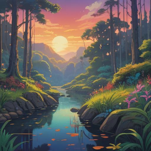 A serene landscape depicting a tranquil forest, soft whispers of wind, vibrant foliage reflecting spiritual energy, gentle sound waves flowing through the air, a symbolic representation of low-frequency tinnitus, harmonious blend of nature and sound, ethereal atmosphere, calming light filtering through the trees, 4k