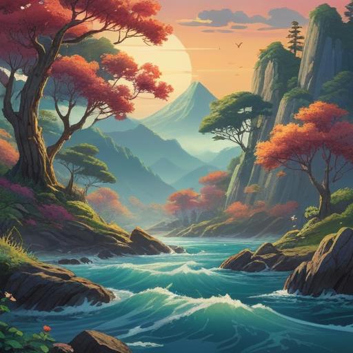 A serene landscape depicting calming sounds, low frequencies resonating through nature, spiritual symbols subtly integrated, gentle waves, a meditative atmosphere, vibrant energy flowing, uplifting visuals, harmonious connection to the universe, tranquil colors, 4k