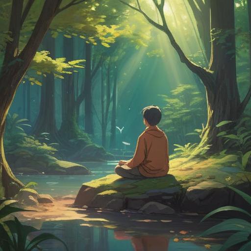 A serene illustration depicting a person meditating in a tranquil environment, soft sunlight filtering through the trees, calming colors, gentle waves of sound visualized around the head, representation of harmony and peace, nature elements like flowers and birds, peaceful expression, 4k